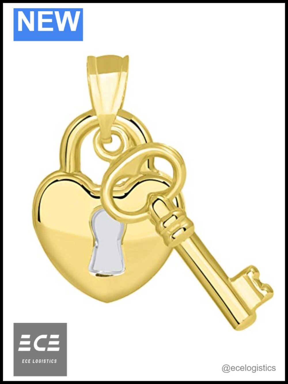 14k Yellow Gold Two Tone Heart Lock and Love Key Pendant Necklace